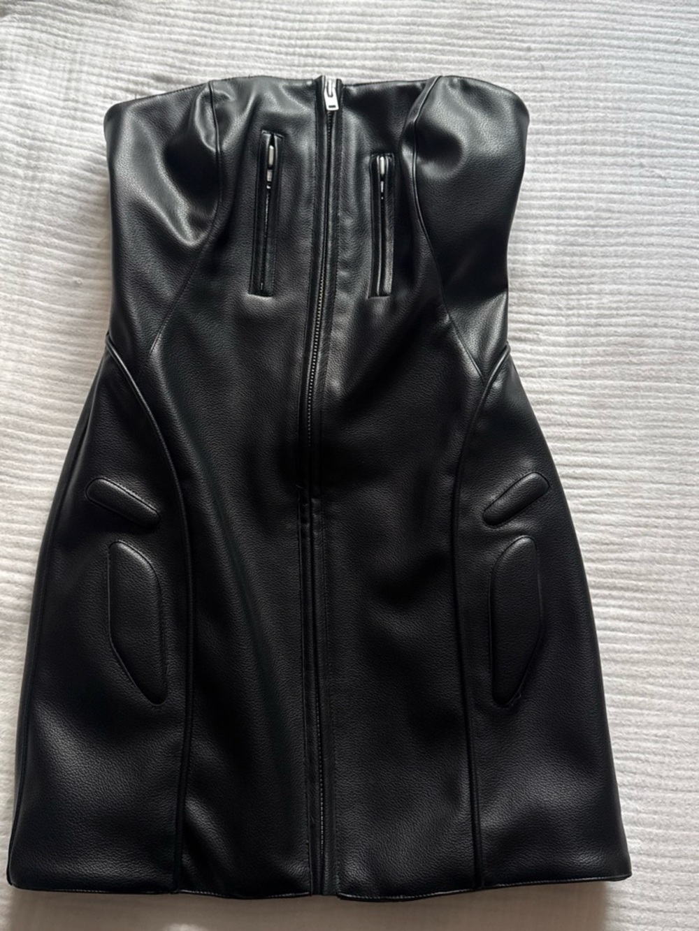 Strapless Black Faux Leather Mini Dress with Front Zip